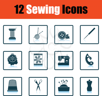 Set of twelve sewing icons. Shadow reflection design. Vector illustration.