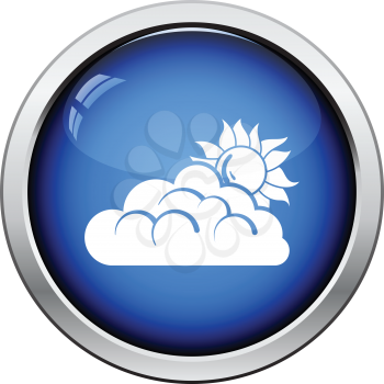 Sun behind clouds icon. Glossy button design. Vector illustration.