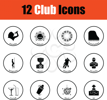 Set of twelve Night club icons.  Thin circle design. Vector illustration.