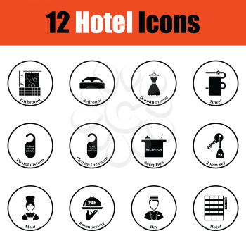 Set of twelve hotel icons.  Thin circle design. Vector illustration.