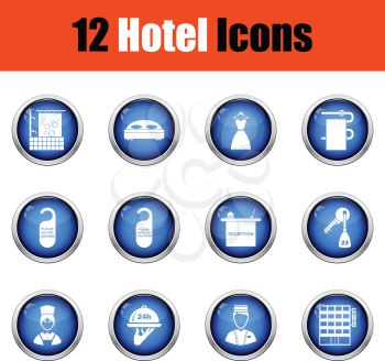 Set of twelve hotel icons. Glossy button design. Vector illustration.