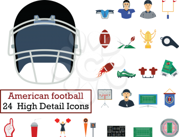 Set of 24 American football Icons. Flat color design. Vector illustration.