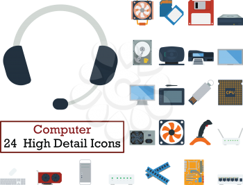 Set of 24 Computer Icons. Flat color design. Vector illustration.