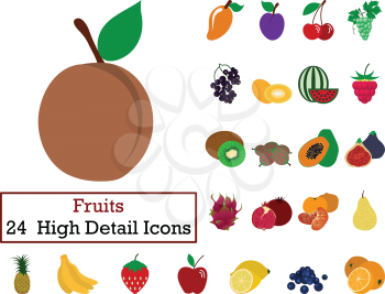 Set of 24 Fruits Icons. Flat color design. Vector illustration.