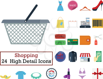 Set of 24 Shopping icons. Flat color design. Vector illustration.