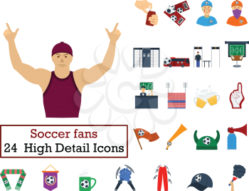 Set of 24 Football Fans Icons. Flat color design. Vector illustration.