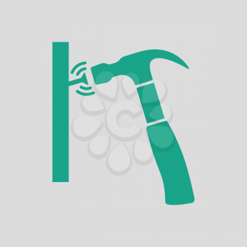 Icon of hammer beat to nail. Gray background with green. Vector illustration.