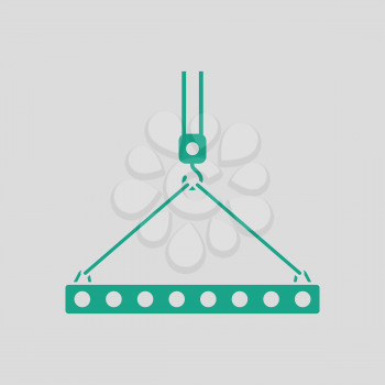 Icon of slab hanged on crane hook by rope slings . Gray background with green. Vector illustration.