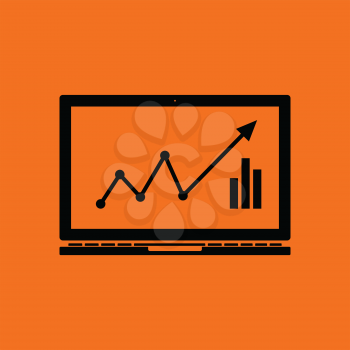 Laptop with chart icon. Orange background with black. Vector illustration.