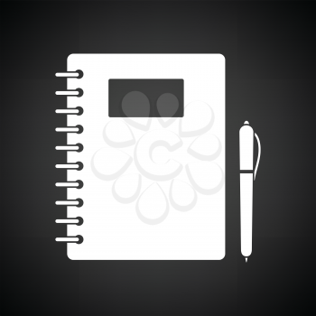 Exercise book with pen icon. Black background with white. Vector illustration.
