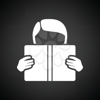 Boy reading book icon. Black background with white. Vector illustration.