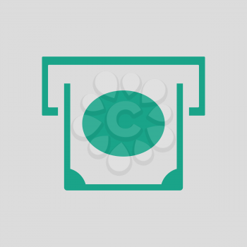 Banknote sliding from atm slot icon. Gray background with green. Vector illustration.