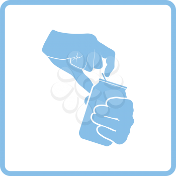 Human hands opening aluminum can icon. Blue frame design. Vector illustration.