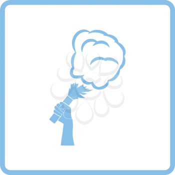 Football fans hand holding burned flayer with smoke icon. Blue frame design. Vector illustration.