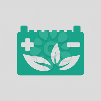 Car battery leaf icon. Gray background with green. Vector illustration.