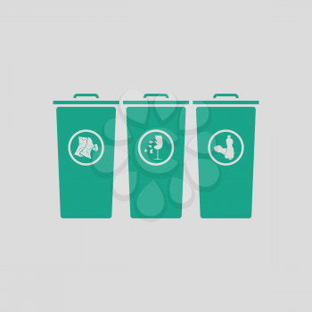 Garbage containers with separated trash icon. Gray background with green. Vector illustration.