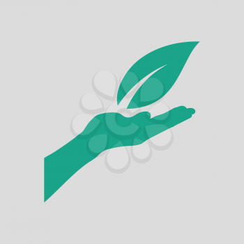 Hand holding leaf icon. Gray background with green. Vector illustration.