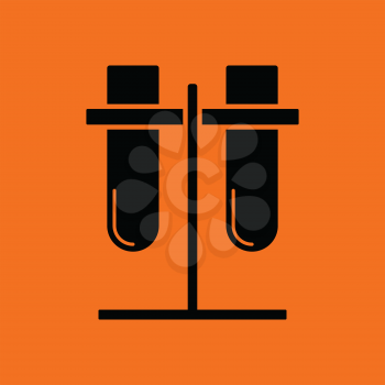 Lab flasks attached to stand icon. Orange background with black. Vector illustration.