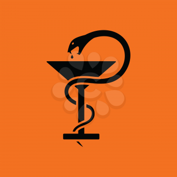 Medicine sign with snake and glass icon. Orange background with black. Vector illustration.