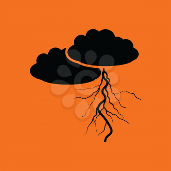 Clouds and lightning icon. Orange background with black. Vector illustration.
