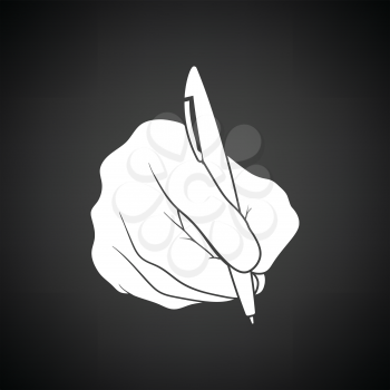 Hand with pen icon. Black background with white. Vector illustration.