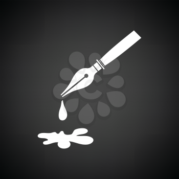 Fountain pen with blot icon. Black background with white. Vector illustration.