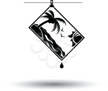 Icon of photograph drying on rope. White background with shadow design. Vector illustration.