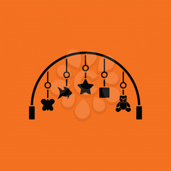 Baby arc with hanged toys icon. Orange background with black. Vector illustration.
