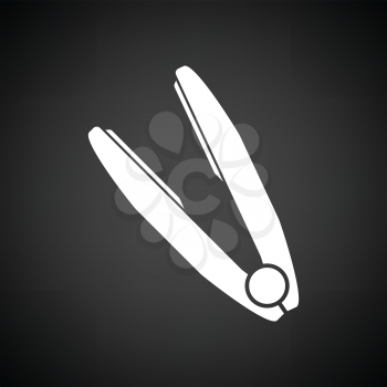Hair straightener icon. Black background with white. Vector illustration.