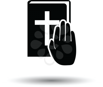 Hand on Bible icon. White background with shadow design. Vector illustration.