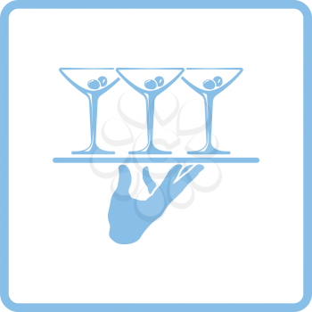 Waiter hand holding tray with martini glasses icon. Blue frame design. Vector illustration.