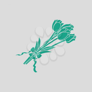 Tulips bouquet icon with tied bow. Gray background with green. Vector illustration.