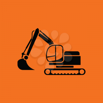 Icon of construction excavator. Orange background with black. Vector illustration.