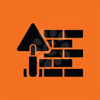 Icon of brick wall with trowel. Orange background with black. Vector illustration.