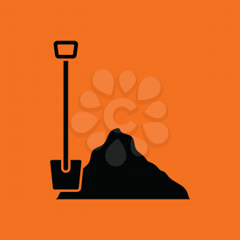Icon of Construction shovel and sand. Orange background with black. Vector illustration.