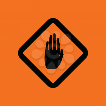 Icon of Warning hand. Orange background with black. Vector illustration.