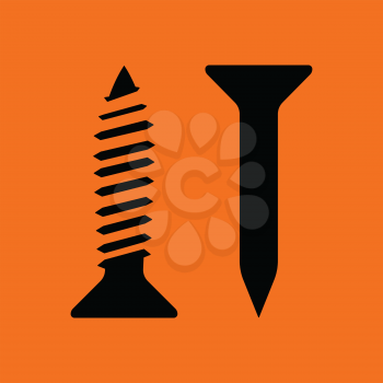 Icon of screw and nail. Orange background with black. Vector illustration.