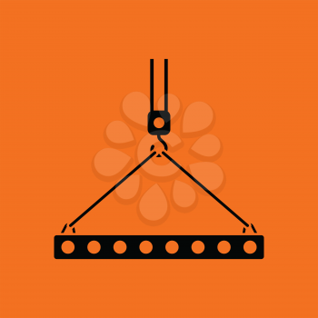 Icon of slab hanged on crane hook by rope slings . Orange background with black. Vector illustration.