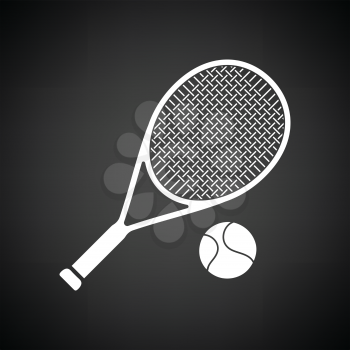 Tennis rocket and ball icon. Black background with white. Vector illustration.