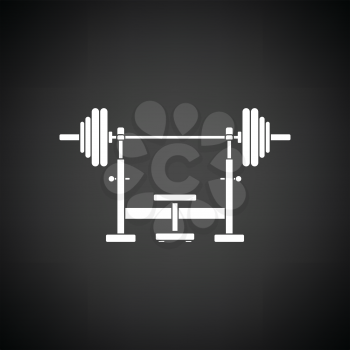 Bench with barbel icon. Black background with white. Vector illustration.
