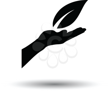 Hand holding leaf icon. White background with shadow design. Vector illustration.