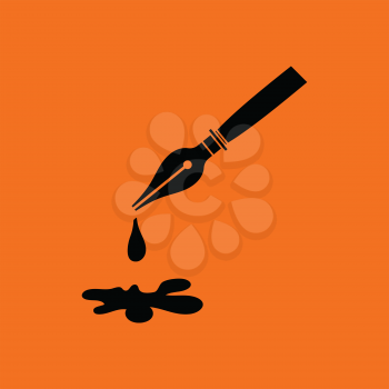 Fountain pen with blot icon. Orange background with black. Vector illustration.