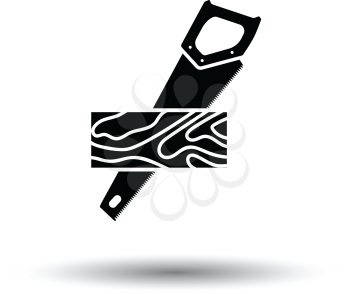 Handsaw cutting a plank icon. White background with shadow design. Vector illustration.