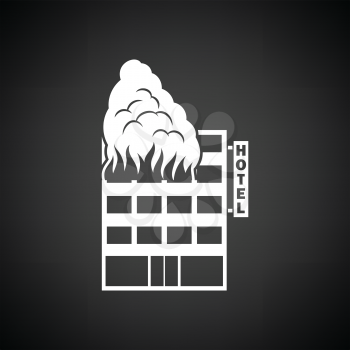 Hotel building in fire icon. Black background with white. Vector illustration.