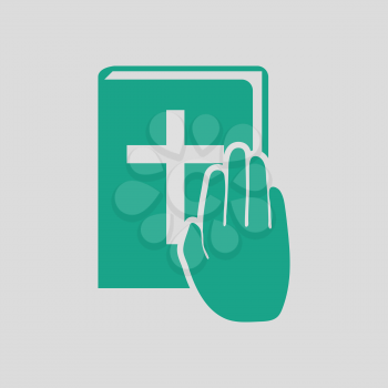 Hand on Bible icon. Gray background with green. Vector illustration.