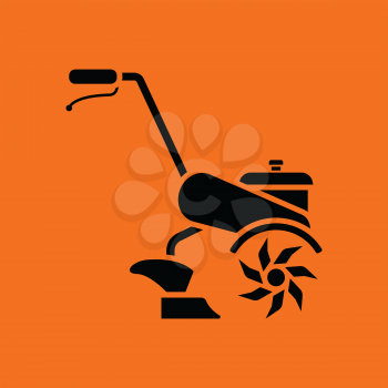 Garden tiller icon. Orange background with black. Vector illustration.