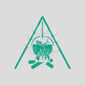 Icon of fire and fishing pot. Gray background with green. Vector illustration.