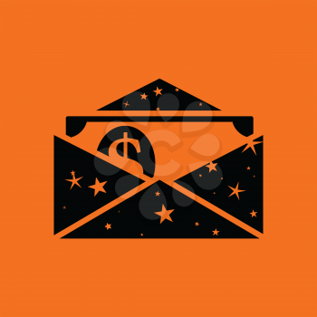 Birthday gift envelop icon with money  . Orange background with black. Vector illustration.