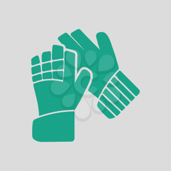 Soccer goalkeeper gloves icon. Gray background with green. Vector illustration.