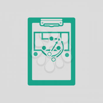 Soccer coach tablet with scheme of game icon. Gray background with green. Vector illustration.